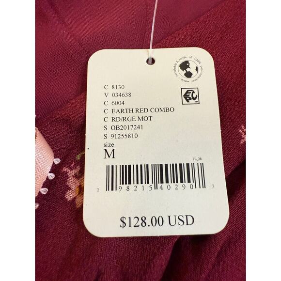 Free People Dress Womens Sz S/M Mini Smocked Waist Burgundy Cottage NWT $129 - Picture 6 of 8